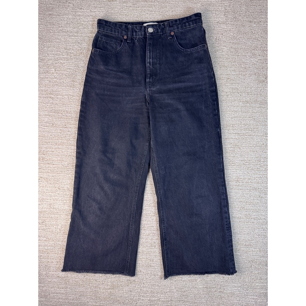 Zara High Waisted Wide Leg Frayed Hem Jeans Black Denim Size 6 US 28 MEX